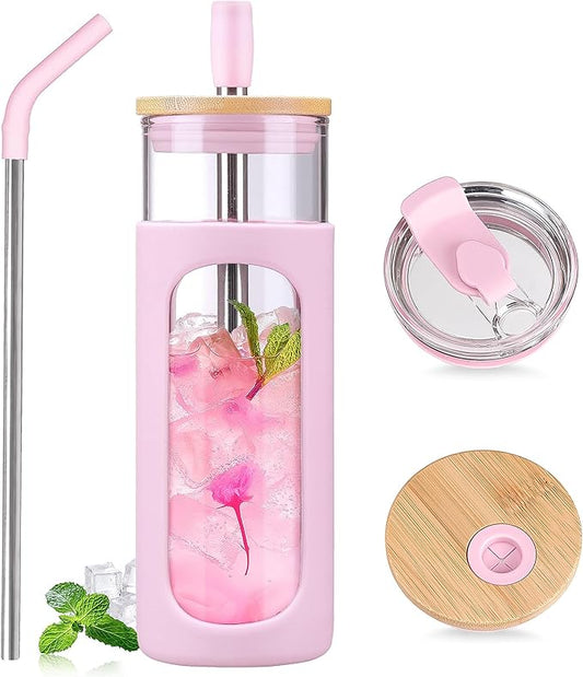 Kodrine 24oz Glass Tumbler with 2 Lids and Straws, Glass Cup With Bamboo Lid and On-the-go Lid, Reusable Iced Coffee Cup, Ideal for Smoothie, Cold Drinks, Fit Cup Holder, BPA Free (1, Pink)