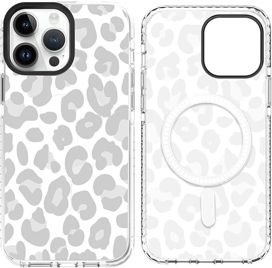 SAKUULO Magnetic for iPhone 14 Pro Max Case Light Gray Leopard Print Pattern [Compatible with MagSafe] Wireless Charge Slim Shockproof Case for iPhone 14 Pro Max Phone Case, Gray Leopard (6.7")