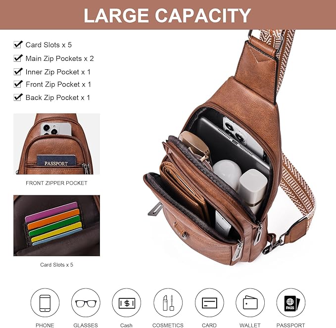 Womens Sling Bag Crossbody Bags for Women Vegan Leather Sling Backpack Daypack Fanny Pack Crossbody Purse Travel