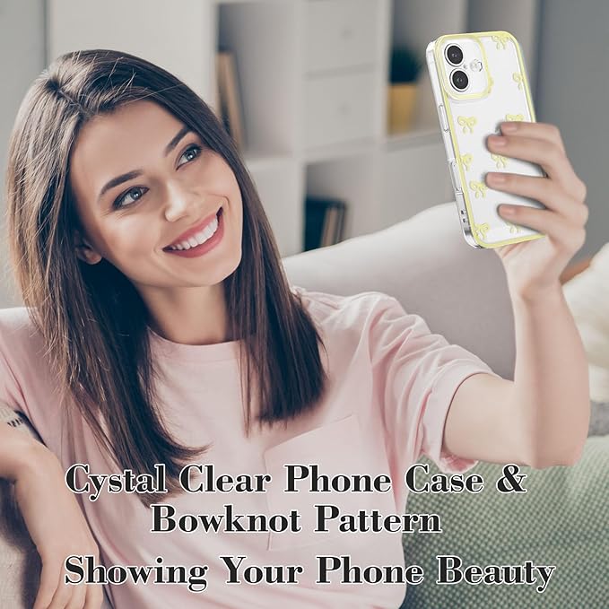 EYZUTAK Case for iPhone 16, Clear Cute Ribbon Bowknot Pattern Aesthetic Transparent Phone Case Raised Camera Protection Stylish Slim Soft Durable TPU Protective Cover for Women Girls - Yellow