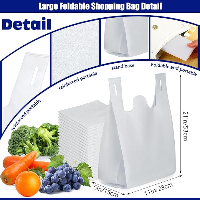 Windyun Large Grocery T-shirt Bags Bulk Reusable Non Woven Shopping Bag Foldable Gift Tote with Handle, 21x11x6 Inch