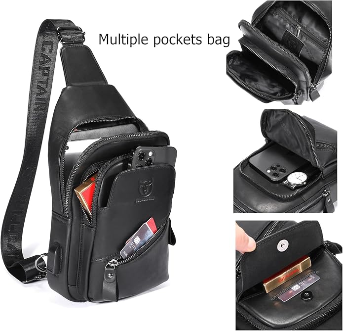 BULLCAPTAIN Mens Leather Sling Bag Backpack Casual Outdoor Shoulder Crossbody Chest Bag with USB Charging Port