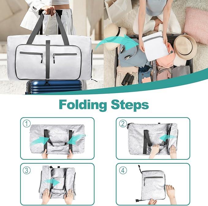Dimayar 65L Travel Duffle Bag for Men Women - Foldable Duffel Bag with Shoes Compartment - Overnight Bags Waterproof & Tear Resistant(White)