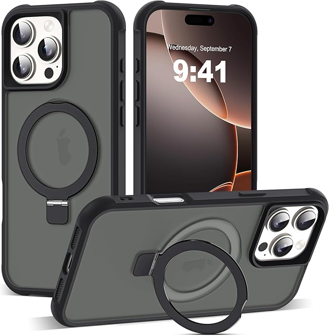 Compatible with iPhone 16 Pro Max Case with Invisible Magnetic O-Ring Stand Military-Grade Translucent Case for iPhone 16 ProMax 6.9" [Compatible with Mag-Safe][Great Grip Feeling], Black