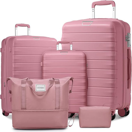 LARVENDER Luggage Sets 5 Piece with Duffel Bag Expandable(Only 28 inch) Hardside PP Carry On Luggage with 360° Spinner Wheels TSA Lock Luggage Sets for Women, Pink