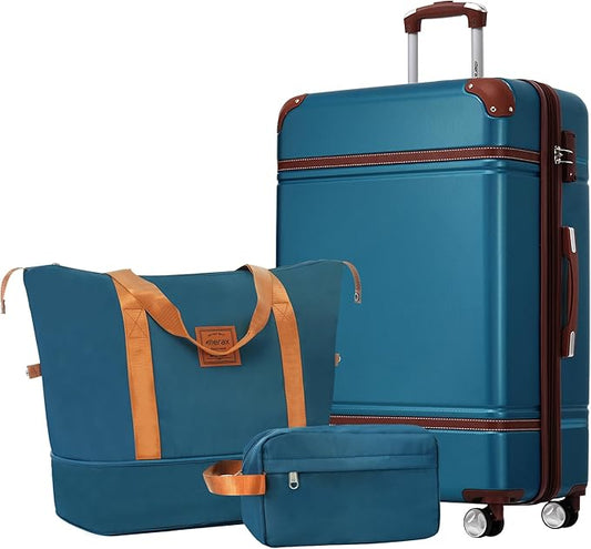 Merax Suitcase Set 24 inches Expandable Luggage with TSA Lock Spinner Wheels Hardshell Lightweight Vintage Luggage with Travel Bag,Blue