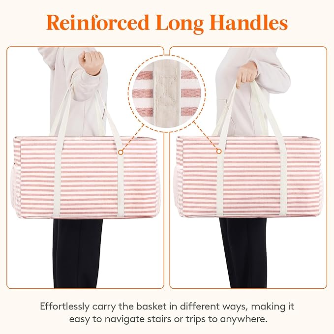 Lifewit Extra Large Tote Bag, Reusable Grocery Bags with Metal Wire Frame and Handles, Standing Utility Foldable Shopping Bags for Storage, Picnics, Beach, Pool, Laundry, Car, Camping, 1 Pack, Pink