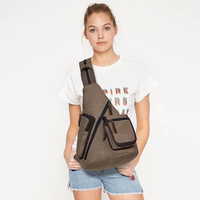 KL928 Canvas Sling Bag - Casual Crossbody Shoulder Daypack Rucksack Backpack for Men Women, Brown