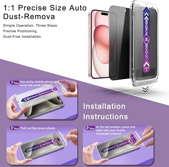 CHISHA 2-Pack Privacy Screen Protector for iPhone 16/15/14 Pro 6.1-Inch, Auto Dust Removal, No Bubbles, Anti-Spy Tempered Glass Film, Easy Installation