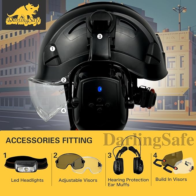 Hard Hats with Visor Bluetooth Ear Muffs Safety Helmet with Visors Mounted Safety Ear muff Hardhats Vented ANSI Z89.1 OSHA