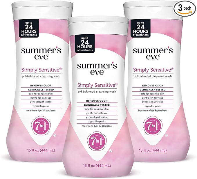 Summer's Eve Simply Sensitive All-Over Daily Feminine Wash, Gentle pH-Balanced Body Wash for Women, Removes Vaginal Odor, 15 Fl Oz, Pack of 3