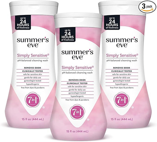 Summer's Eve Simply Sensitive All-Over Daily Feminine Wash, Gentle pH-Balanced Body Wash for Women, Removes Vaginal Odor, 15 Fl Oz, Pack of 3