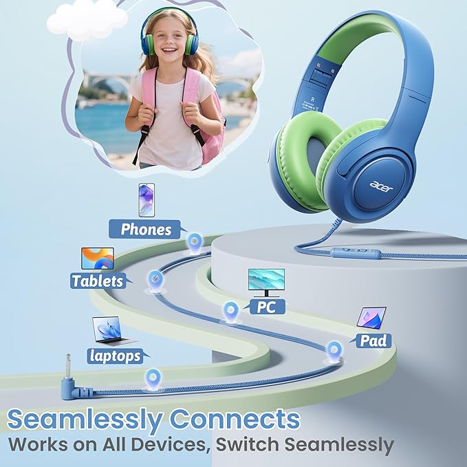 Kids Headphones Wired for School - Over-Ear 85/94dB Volume Limiter, 3.5mm Jack Foldable Stereo Sound Headset for Toddlers Girls Boys Travel Learning Entertainment Tablet Kindle iPad PC Blue Green