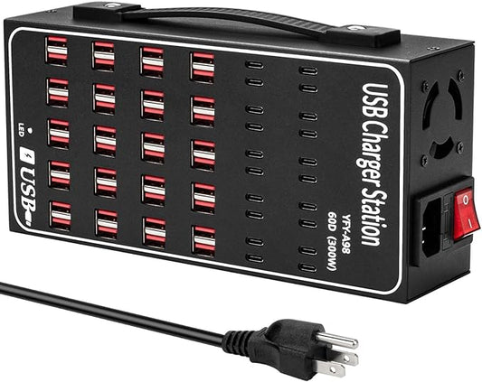 Multiple USB Charging Station, RUANSZZ 60 Port 300 Watt (60A) USB~C Charger Block with Power Switch, Multiple USB Desktop Charger Station, Suitable for Shops, Hotels, Schools, Shopping malls