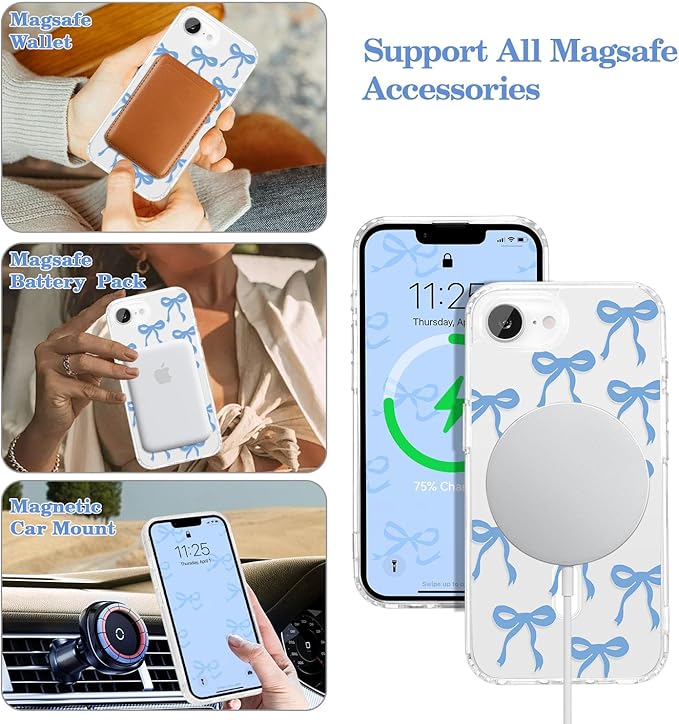 UEEBAI Magnetic for iPhone 16e Case, Bow Case Compatible with MagSafe, Wireless Slim Clear Ribbon Aesthetic Phone Cover Anti-Yellowing Shockproof Protective Cover for Women Girl - Blue
