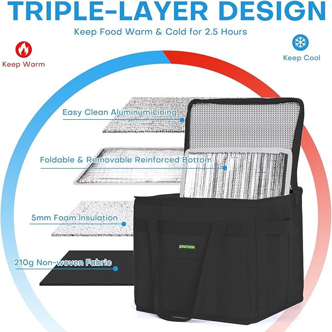 JUNGYOON S Insulated Grocery Bags and Cooler Bag for Food Delivery Bag, Collapsible Cooler, Reusable Shopping Bags for Groceries with Zipper Top, Heavy Duty, Stands Upright(Black)