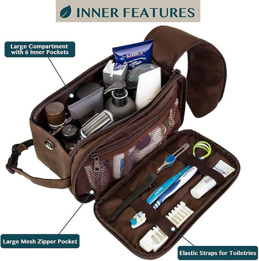 PAVILIA Toiletry Bag for Men, Travel Essentials Shaving Dopp Kit, Mens Travel Bag Toiletries Organizer Case for Grooming, PU Leather Water Resistant Cosmetic Bag Pouch (Dark Brown)