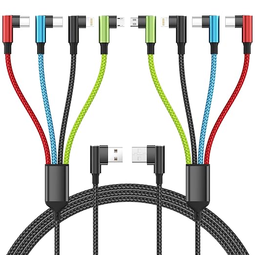 Travel Essentials 90 Degree Multi Charging Cable [2Pack 5FT], Right Angle 4 in 1 Charging Cable, USB Cable Charging Cords with IP/Type C/Type C/Micro Port, Compatible with Most Cell Phones and More