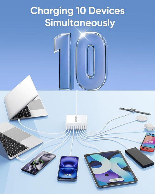 460W USB C Charger Block, 10-Port USB Charging Station GaN III PD Charger Type C & USB A, Dual 65W PC Laptop Fast Adapter for MacBook Pro/Air, iPhone, iPad, DELL, Samsung Galaxy, Android - White