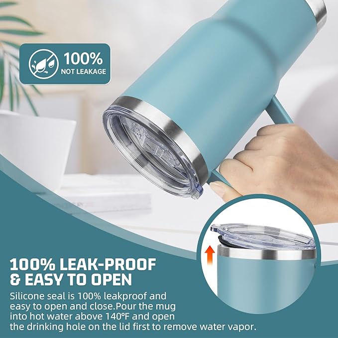 20 oz Tumbler with Handle Stainless Steel Insulated Coffee Mug Tumbler with Lid and Straw Double Wall Vacuum Insulated Coffee Mug Leak Proof Travel Tumbler for Hot and Cold Drink(Azure Blue,4pack)