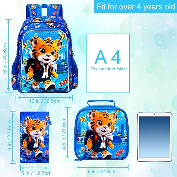 CCJPX 16" Kids Backpack for Boys, 3PCS Tiger Water Resistant Preschool Bookbags, Cool Kindergarten School Backpacks and Lunch Box