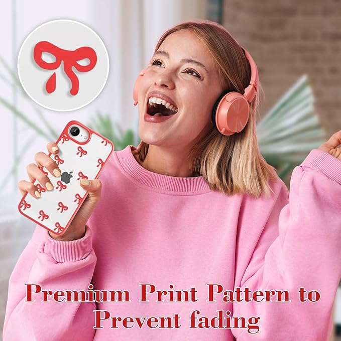 EYZUTAK Case for iPhone 16e, Clear Cute Ribbon Bowknot Pattern Aesthetic Transparent Phone Case Raised Camera Protection Stylish Slim Soft Durable TPU Protective Cover for Women Girls - Red