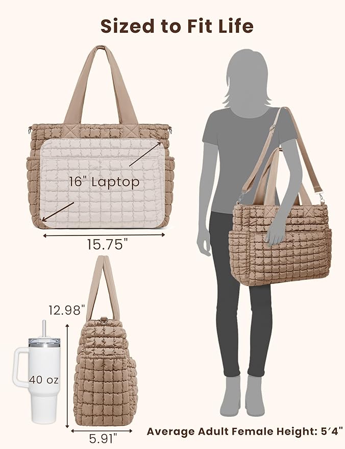 Yarnic Large Puffer Tote Bag for Women, Lightweight 21L Bag with 7 Pockets for School, Travel, Work, Gym Overnight Use