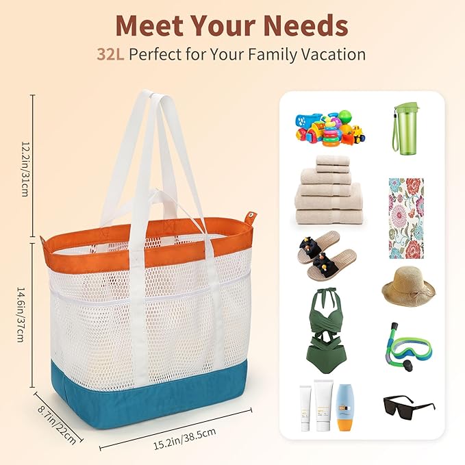 Mesh Beach Bag, Extra Large Beach Bags for Women, Lightweight Foldable Sandproof Tote Bag for Family & Vacation