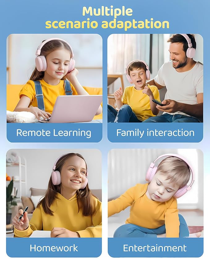 Kids Bluetooth Headphones, Over-Ear Wireless Headphones with Microphone, Safe-Volume 85dBA, Bluetooth 5.4, Foldable Lightweight and Comfortable, 50H Playtime, USB-C Charging, Pink