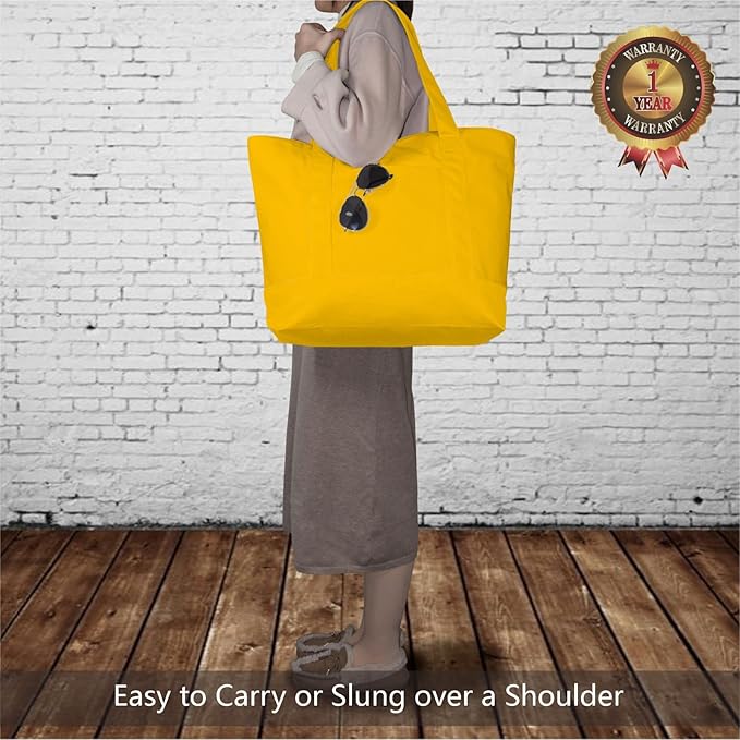 TOPDesign 1-Pack Canvas Tote Bags with an External Pocket, Reusable Grocery Shopping Bags, Top Zipper Closure, Daily Essentials (Yellow)