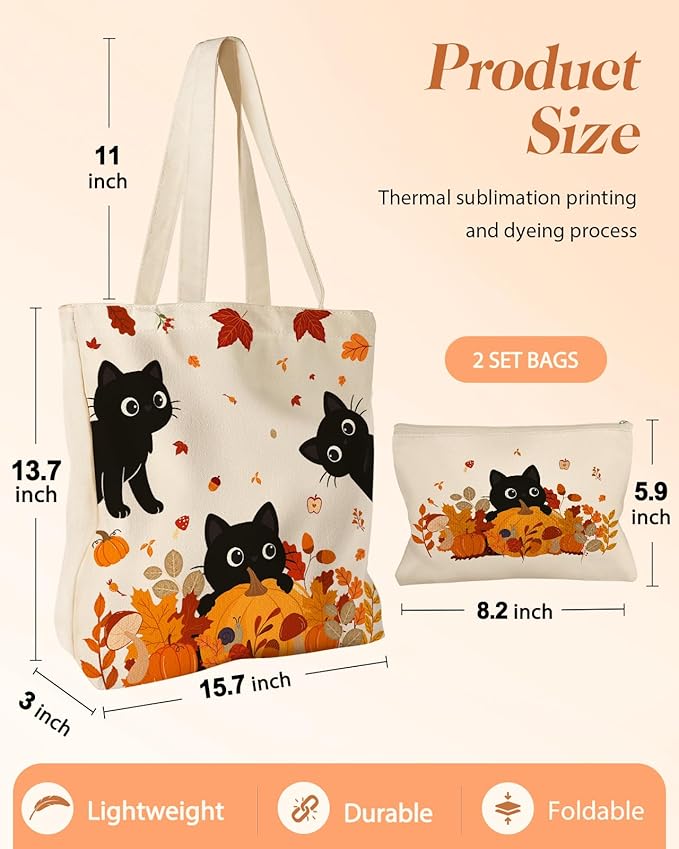 2 Pack Canvas Tote Bag - with Makeup Pouch Aesthetic Cute Women Reusable Canvas Bag for Shopping, Work, Travel