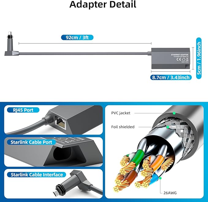 Starlink Ethernet Adapter for Rectangular Satellite Internet V2, Starlink Adapter Ethernet Gen 2 for Wired External Network Fast & Stable Connection Star-Link Standard Actuated Gen 2