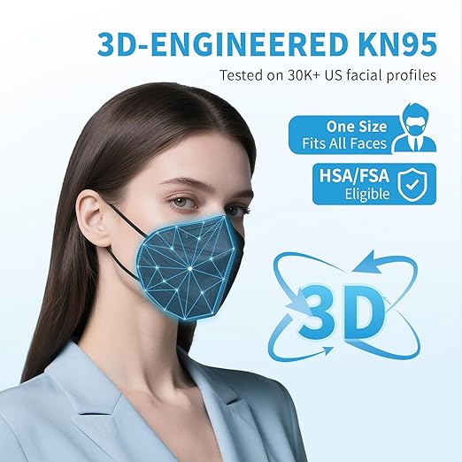 akgk KN95 Face Mask 50 PCS, Breathable Protection Masks, Individually Wrapped, 5-Ply KN95 Black Masks, Cup Dust Safety Masks