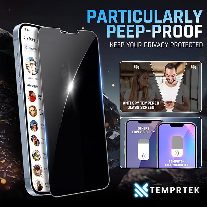 TEMPRTEK+ for iPhone 16e/13/13 Pro/14 Privacy Glass Screen Protector 2 Pack (9H+ Military Grade 3X Protection) Long Last Shatterproof Tempered Glass-Anti Scratch/Fingerprint [Full Coverage] Anti-Spy