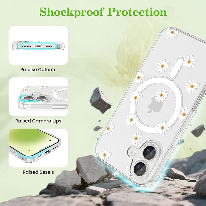 ZTOFERA for iPhone 16 Magnetic Case Compatible with Magsafe,Aesthetic Floral Pattern Design Cute for Girl Women,Anti-Drop Protective Hard Phone Cover for iPhone 16-Daisy