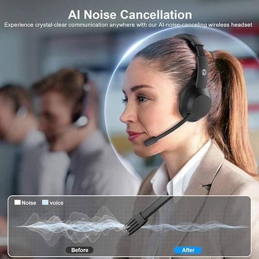 Wireless Headset, Bluetooth Headphones with Mic(AI Noise Cancelling), 65 Hrs Working Time with USB Dongle, Wireless Headset with Mic for Work from Home/Computer/Laptop/PC/Android
