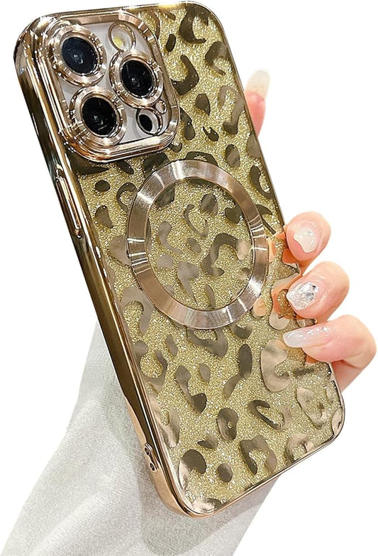 for iPhone 15 Pro Case Magnetic,Soft Cute Luxury Leopard Cheetah Pattern Plating Glitter Bling Phone Case Compatible with MagSafe Clear Shockproof Back Cover for Women Girl 6.1"-Gold