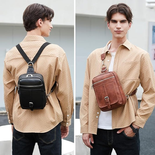 Sling Bag Crossbody Backpack - 2 in 1 Leather Cross Body Bag Fanny Pack with 2 Removable Straps