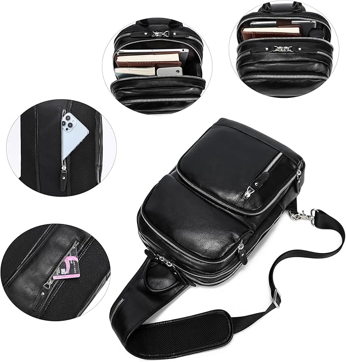 LANNSYNE Full Grain Leather Sling Bag For Men, Crossbody Bag fits 12.9" iPad Crossbody Chest Daypack