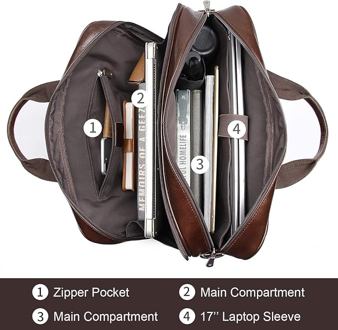 Augus Leather Briefcases for Men, Waterproof Travel Messenger Duffle Bags 17 Inch Laptop Bag YKK Zipper (cofee-1)