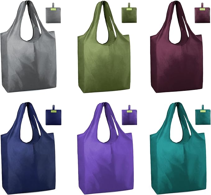 BeeGreen Colorful Reusable Grocery Bags 6 Pack, Heavy Duty Totes for Women, Foldable Grocery Bag Large Shopping Totes with Handles for Work, Travel, Gift, Store, Polyester Washable Reusable Tote Bag