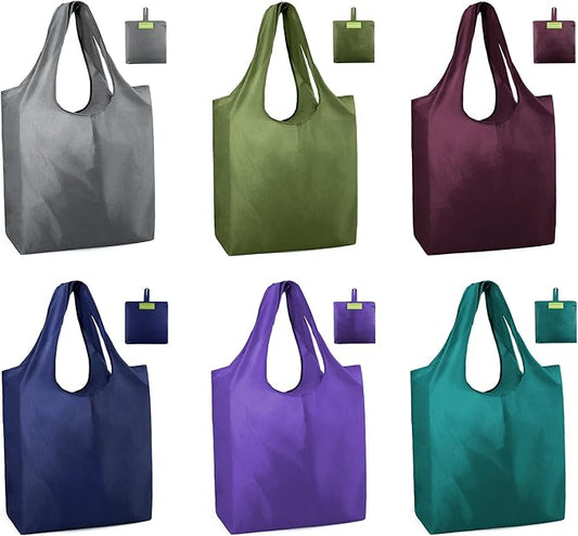 BeeGreen Colorful Reusable Grocery Bags 6 Pack, Heavy Duty Totes for Women, Foldable Grocery Bag Large Shopping Totes with Handles for Work, Travel, Gift, Store, Polyester Washable Reusable Tote Bag
