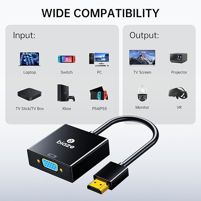 HDMI to VGA Adapter with 3.5mm Audio & USB Power – 1080P Converter for Laptop, TV Box, PS4, Monitor & Projector