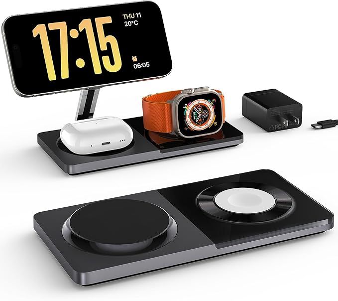 3 in 1 Charging Station for Apple Devices: Mag-Safe Charger Stand Fast Charging, Wireless Charger for iPhone 16/15/14/13/12 Series, Apple Watch Series 1-9/Ultra, AirPods Pro,30W USB Charger (Black)