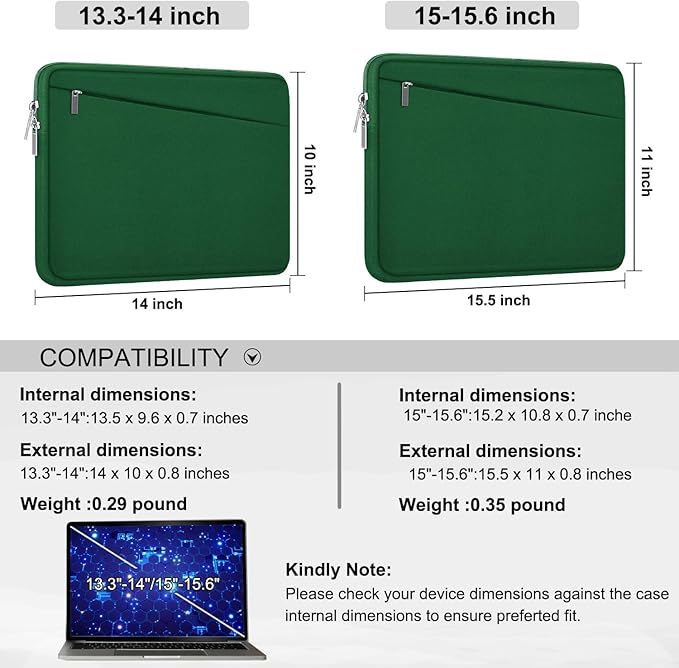 Laptop Sleeve 15.6 inch, Computer Carrying Bag Protective Case Handbag with Front Pocket, Slim Laptop Cover for 15-16 Inch HP, Dell, Lenovo, Asus, Dark Green