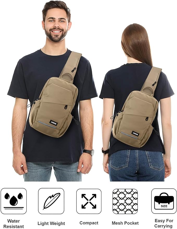 Khaki Sling Bag for Men women, Small Anti Theft One Strap Motorcycle Backpack, Mini Sling Tactical Chest Bag Daypack Crossbody Sling Backpacks for Casual Travel Hiking Gym Outdoor Sports