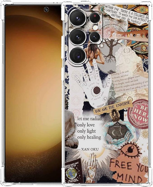Case for Samsung Galaxy S23 Ultra with Aesthetic Beige Desgin,Spiritual Hippie Quotes Collage,Clear Soft TPU Protective Case,6.8"(Beige,S23U)