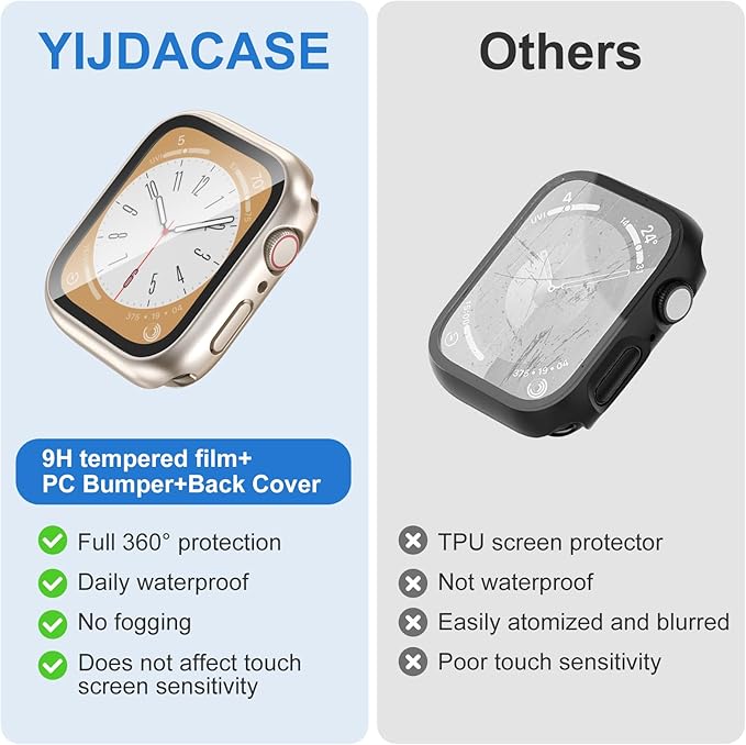 3 in 1 Waterproof Case for Apple Watch Screen Protector 45mm Series 9 8 7 Accessories Built-in Tempered Glass Film,Front and Back PC Hard Bumper 360° Protective Face Cover for iWatch 45mm