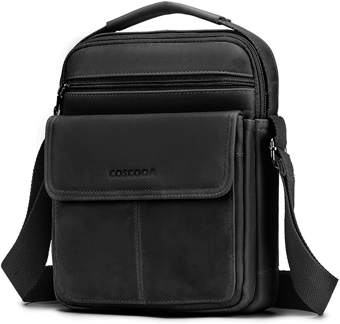 Men's Leather Crossbody Shoulder Bag - Messenger Satchel Travel Handbag