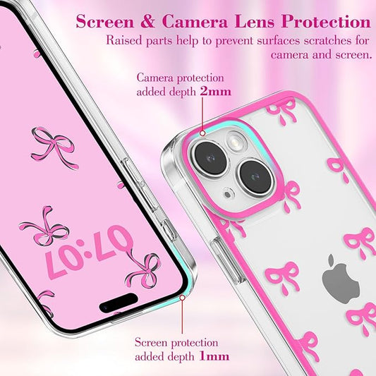 EYZUTAK Case for iPhone 13, Clear Cute Ribbon Bowknot Pattern Aesthetic Transparent Phone Case Raised Camera Protection Stylish Slim Soft Durable TPU Protective Cover for Women Girls - Rose Red